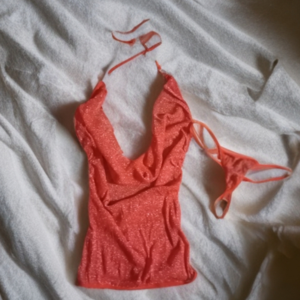 nwot OS Red, sparkle, sheer, stripper, dance wear, draped halter neck w thong